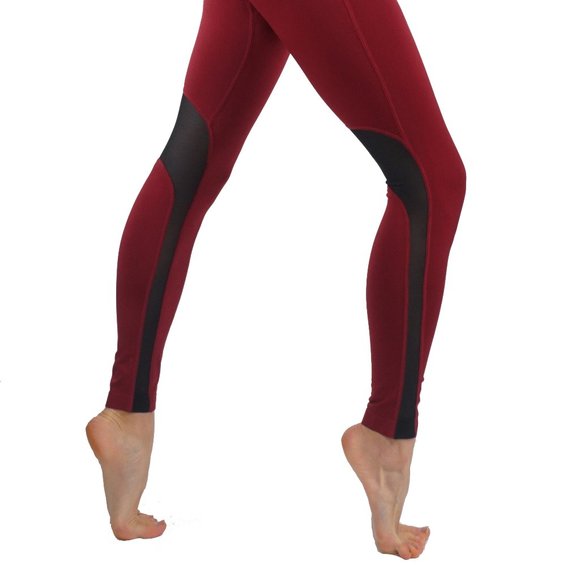 BURGUNY Workout Leggings With Mesh Solid - Picture 2 of 6